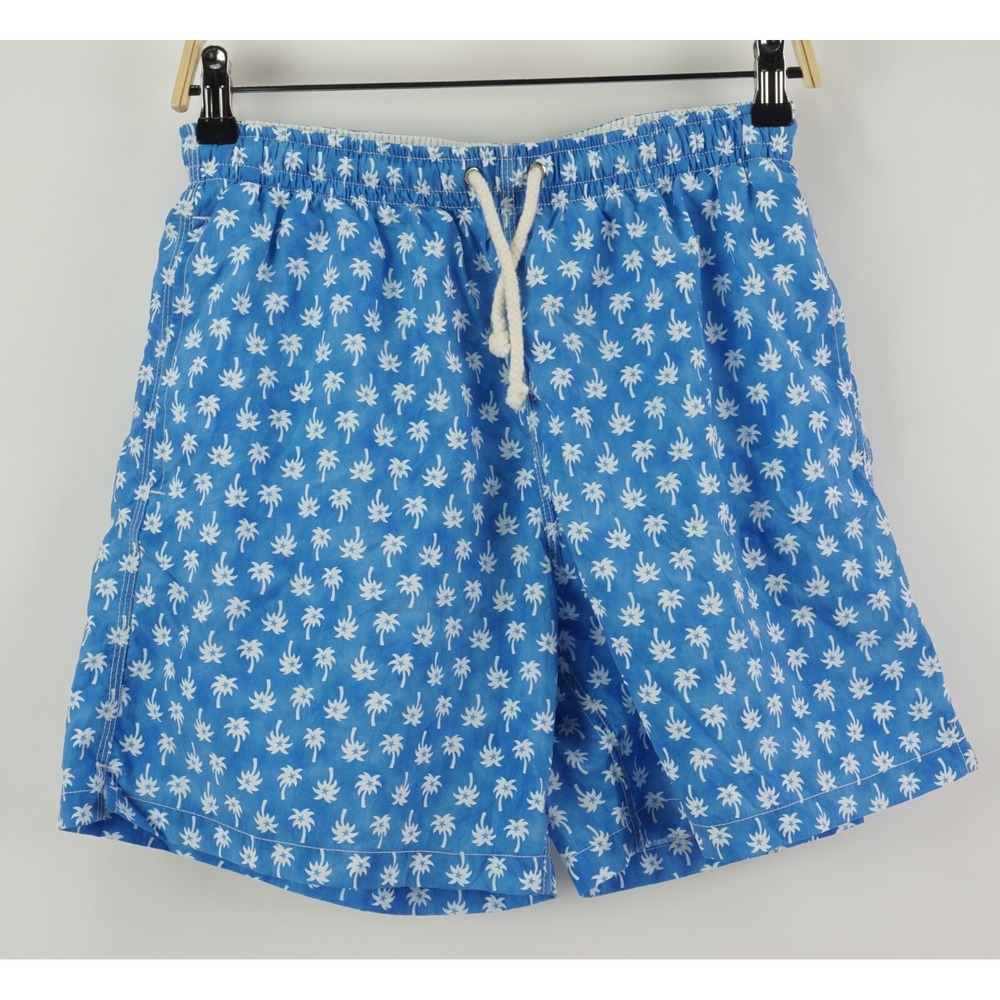 $215 Breuer Italy‎ Palm Tree Print Mesh Lined Swim Shorts Men's Large Blue Nylon